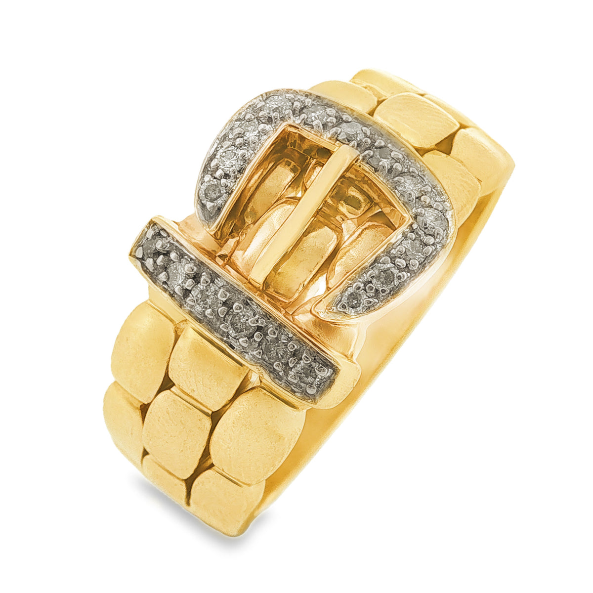 9ct Yellow Gold Diamond Buckle Ring - Size P½ - 0.25ct