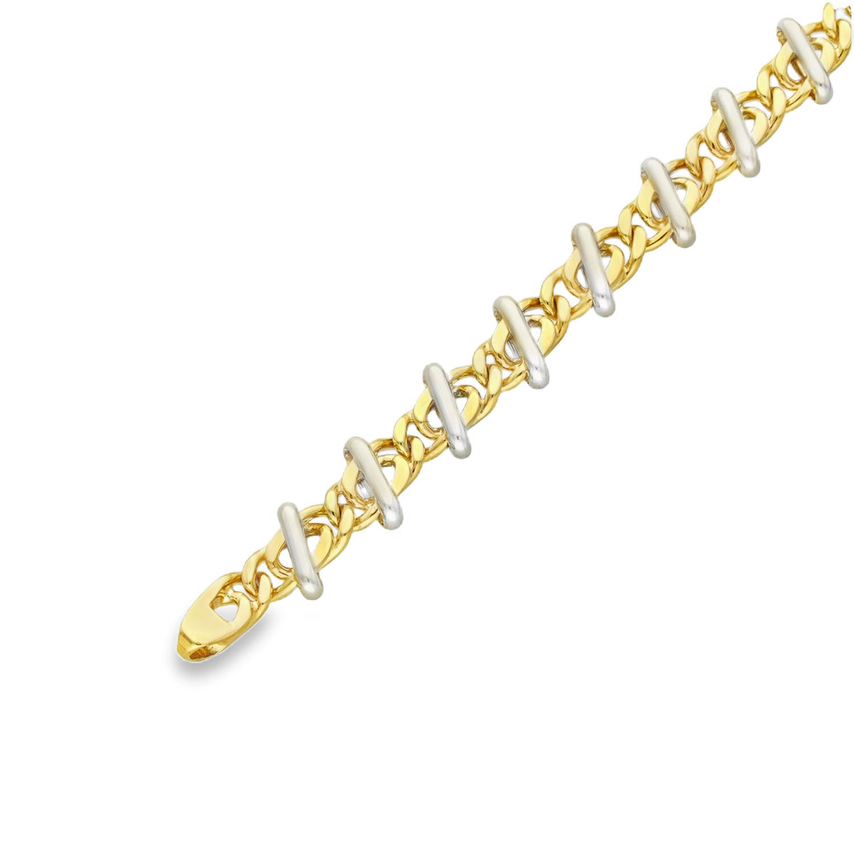 9ct Yellow & White Gold Fancy Curb & Bar Bracelet - 7.5" - 24.0g
