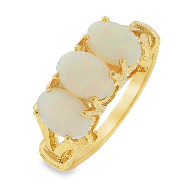 9ct Yellow Gold Oval Opal Trilogy Ring - Size N - 3.4g