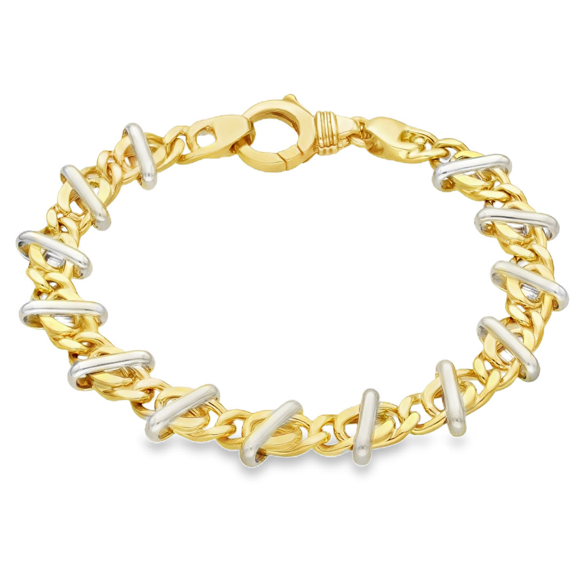 9ct Yellow & White Gold Fancy Curb & Bar Bracelet - 7.5" - 24.0g
