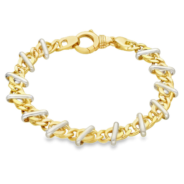 9ct Yellow & White Gold Fancy Curb & Bar Bracelet - 7.5" - 24.0g