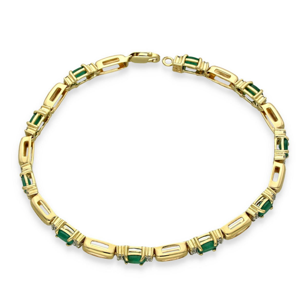 9ct Yellow Gold Emerald & Diamond Bracelet - 7" - 0.20ct