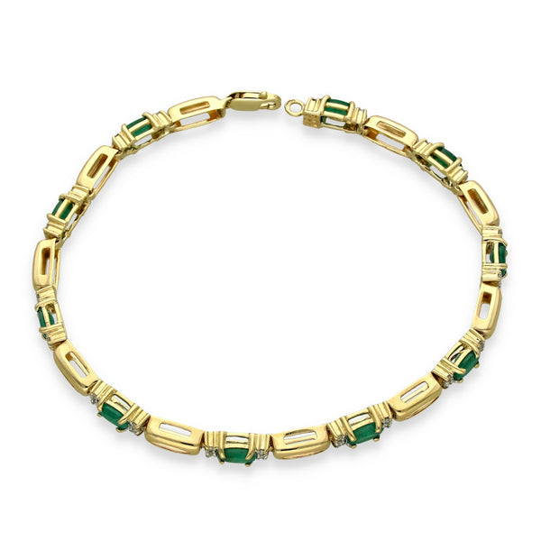 9ct Yellow Gold Emerald & Diamond Bracelet - 7" - 0.20ct