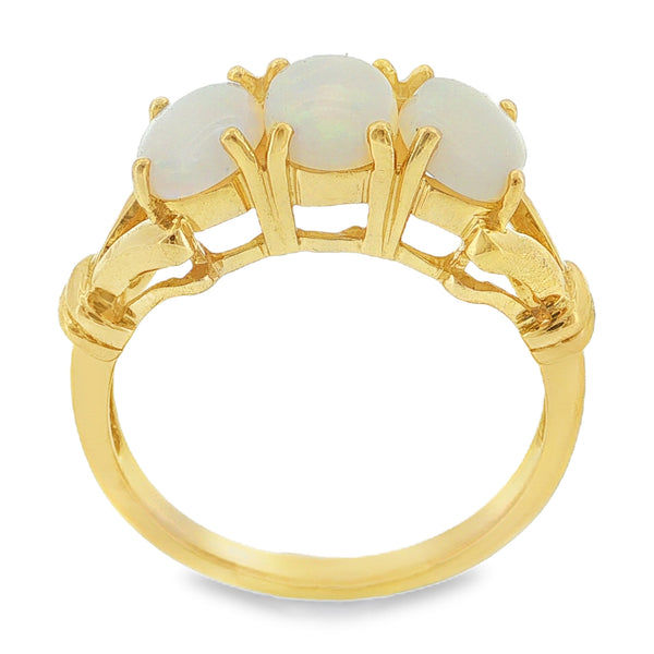 9ct Yellow Gold Oval Opal Trilogy Ring - Size N - 3.4g