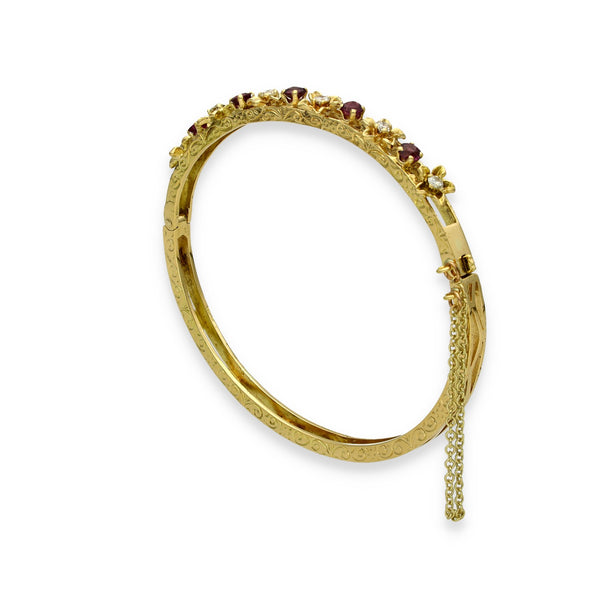 18ct Yellow Gold Ruby & Diamond Flower Bangle - 16.5cm - 0.75ct