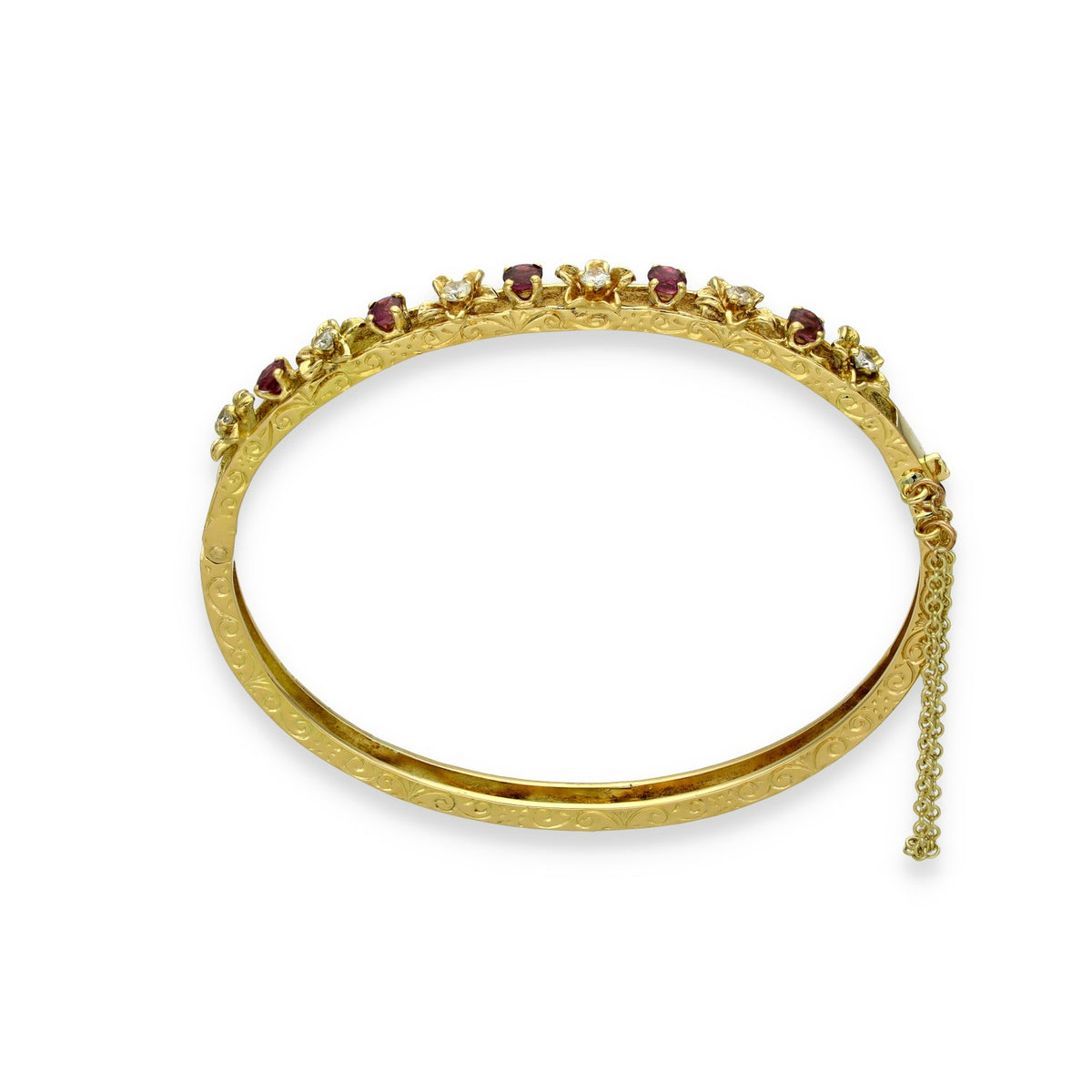 18ct Yellow Gold Ruby & Diamond Flower Bangle - 16.5cm - 0.75ct