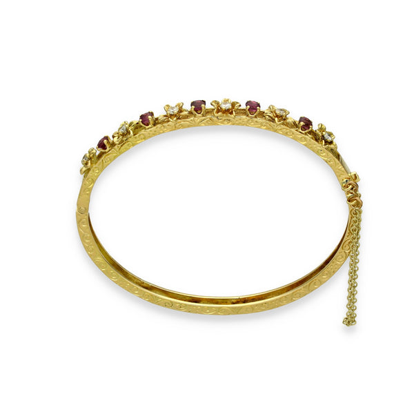 18ct Yellow Gold Ruby & Diamond Flower Bangle - 16.5cm - 0.75ct