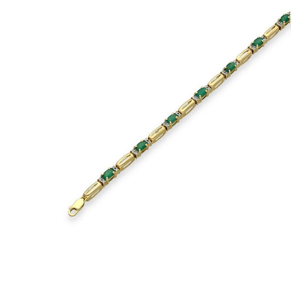 9ct Yellow Gold Emerald & Diamond Bracelet - 7" - 0.20ct