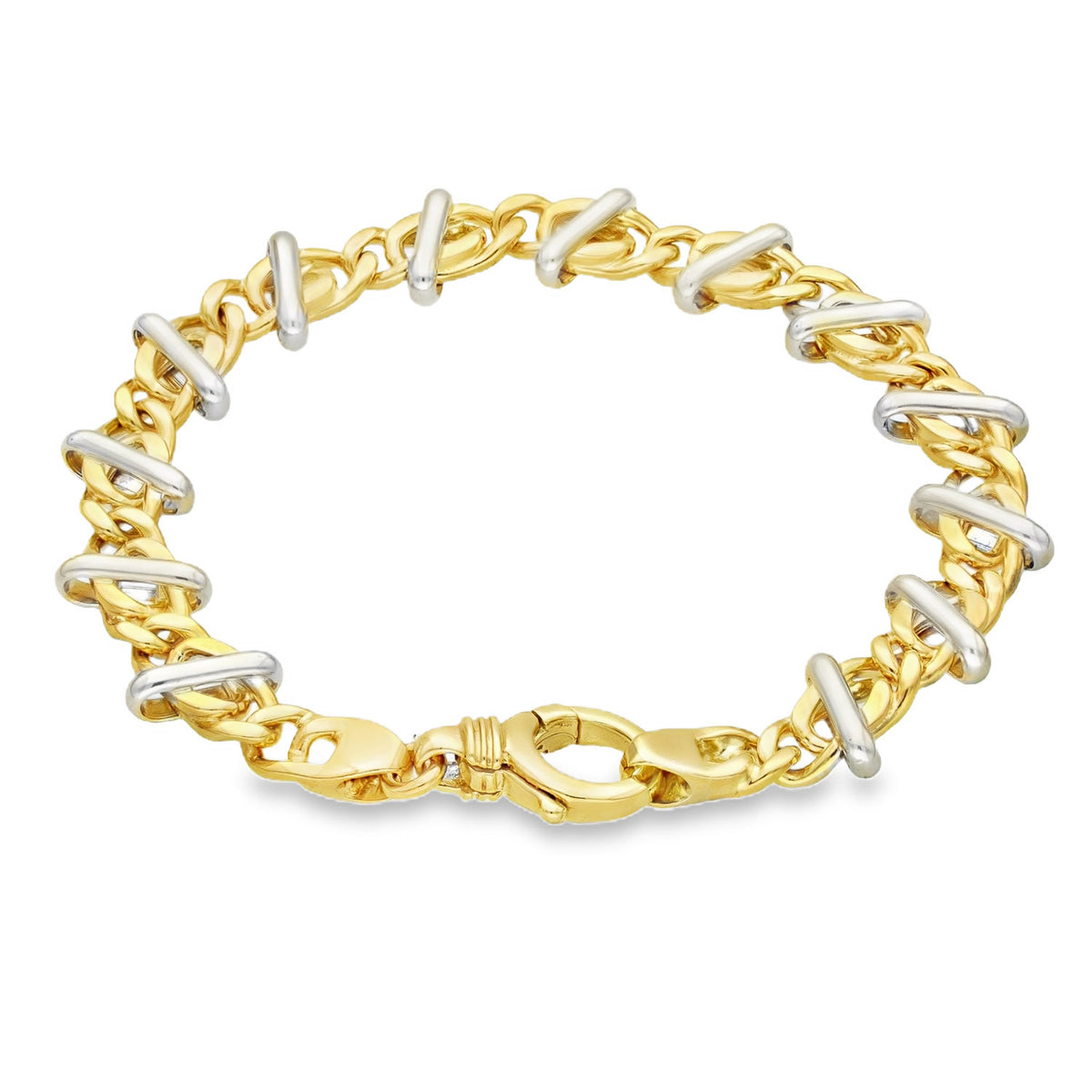9ct Yellow & White Gold Fancy Curb & Bar Bracelet - 7.5" - 24.0g