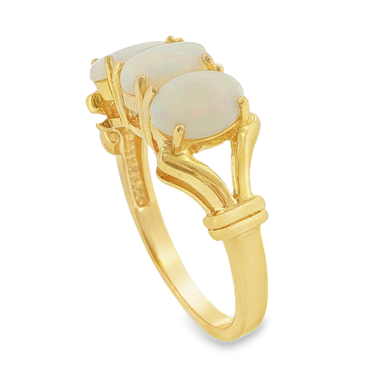 9ct Yellow Gold Oval Opal Trilogy Ring - Size N - 3.4g