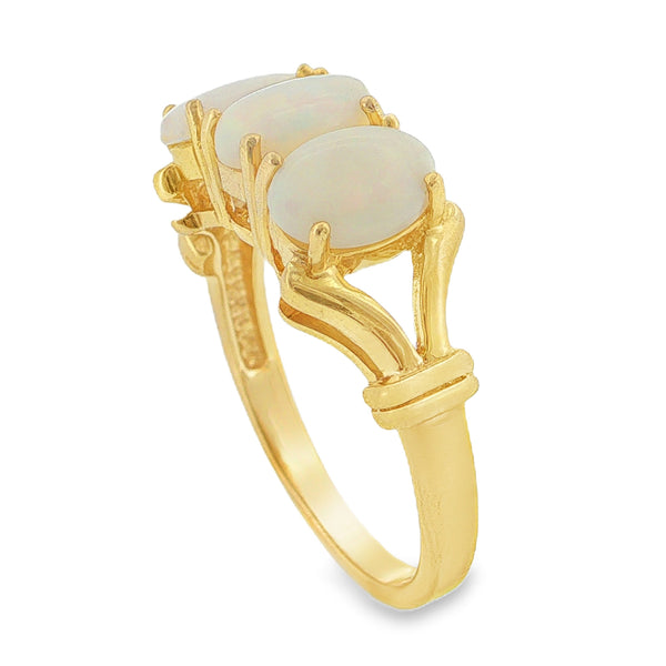 9ct Yellow Gold Oval Opal Trilogy Ring - Size N - 3.4g