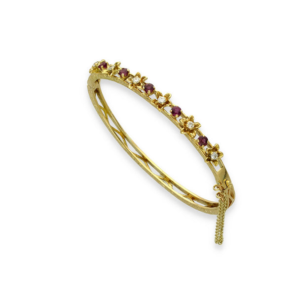 18ct Yellow Gold Ruby & Diamond Flower Bangle - 16.5cm - 0.75ct