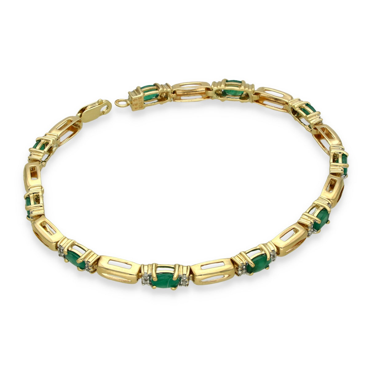 9ct Yellow Gold Emerald & Diamond Bracelet - 7" - 0.20ct