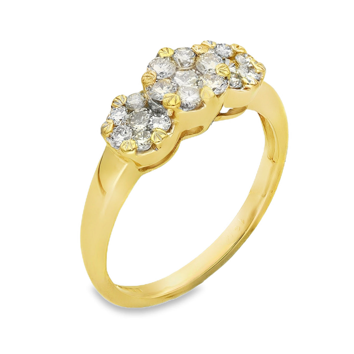 18ct Yellow Gold Diamond Triple Cluster Ring - Size S - 1.12ct